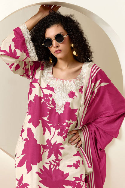 Off White Plus Size Muslin Salwar Kameez SFYS15740