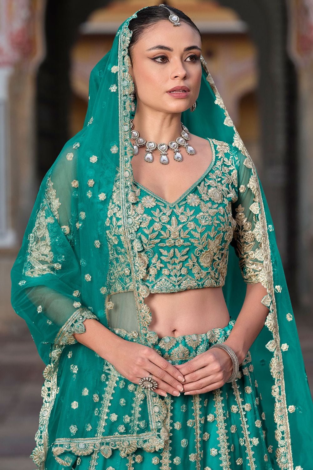 Green Net Bridal Lehenga Choli  SFSA478903