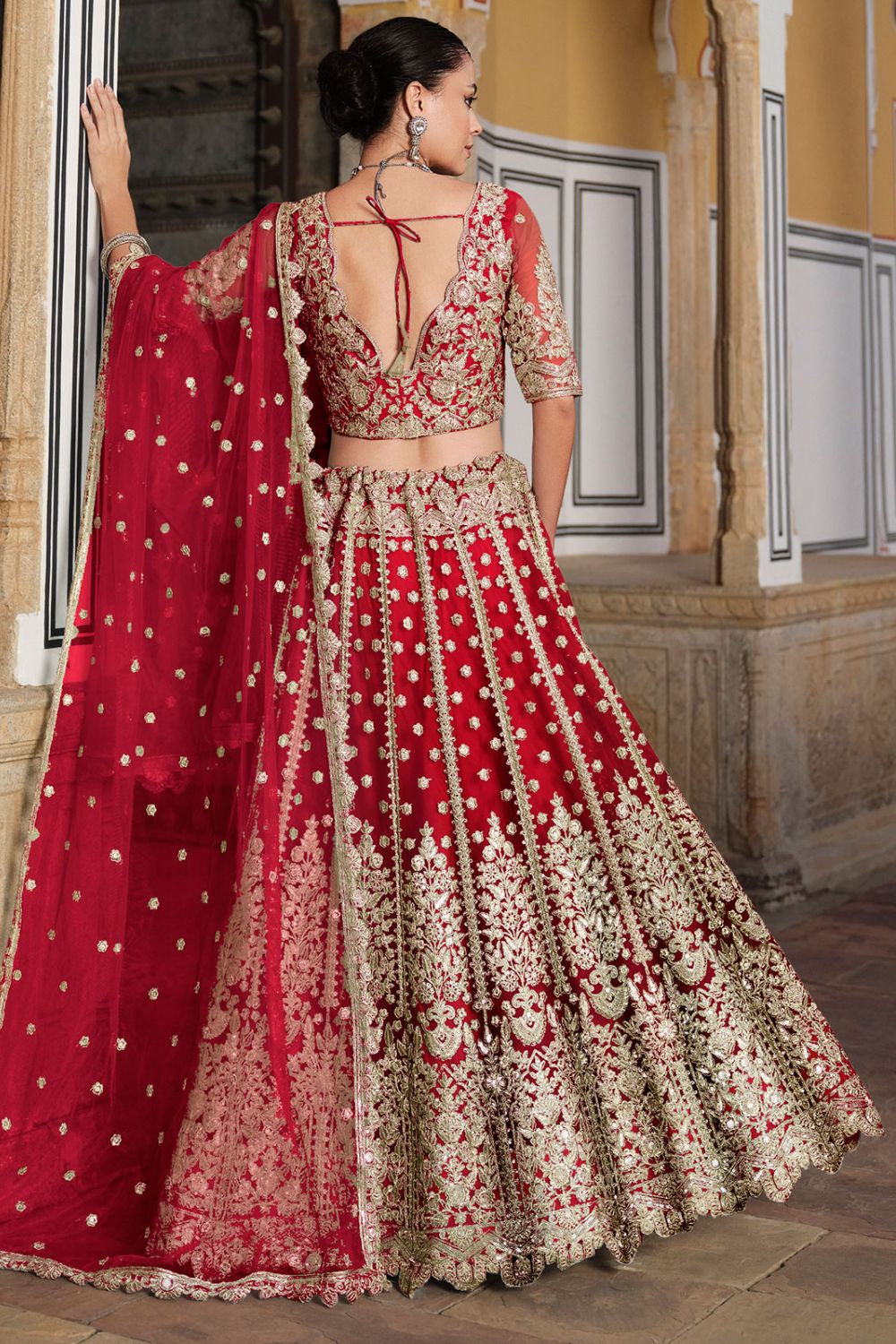 Red Gold Embroidered Net Bridal Lehenga Choli SFSA478904