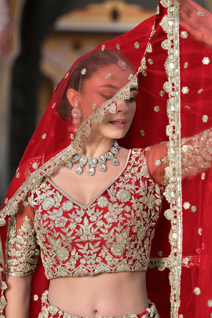 Red Gold Embroidered Net Bridal Lehenga Choli SFSA478904