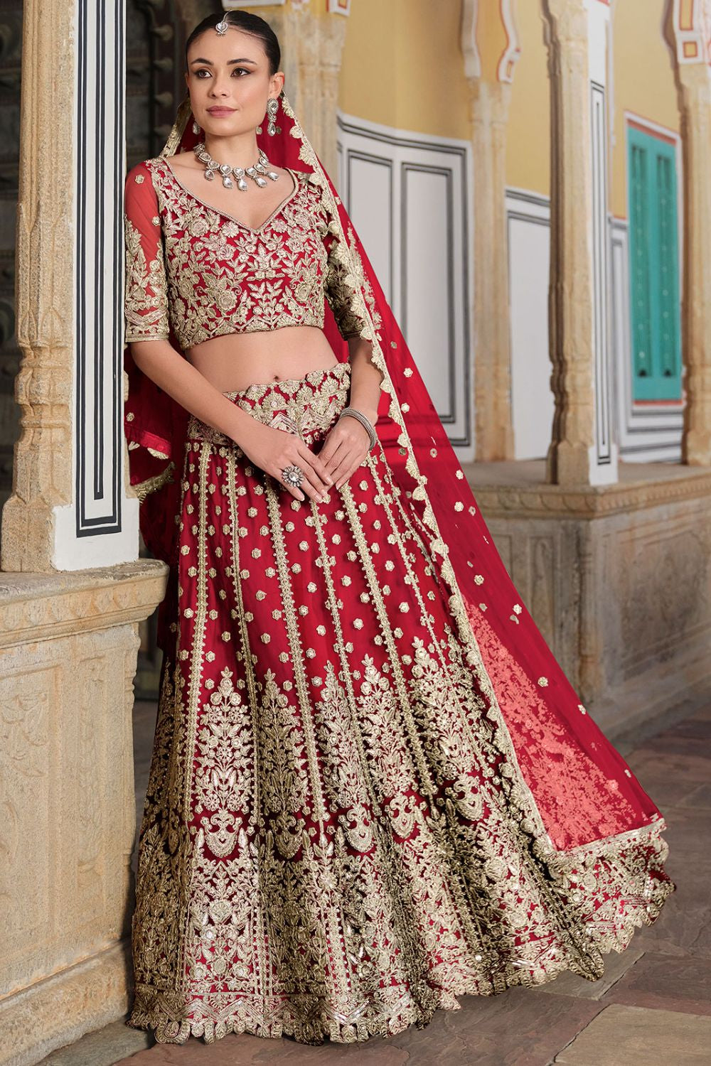 Red Gold Embroidered Net Bridal Lehenga Choli SFSA478904