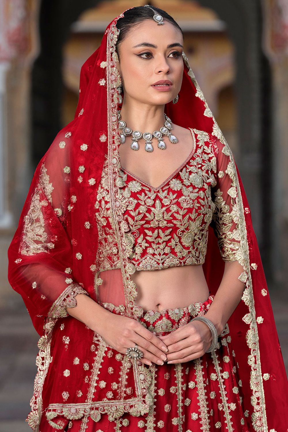 Red Gold Embroidered Net Bridal Lehenga Choli SFSA478904