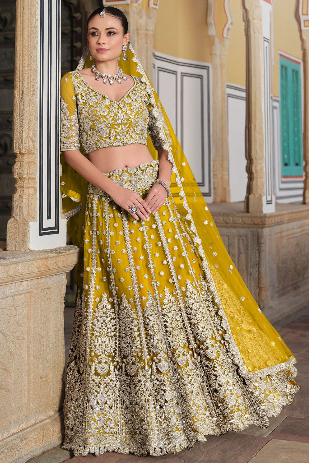 Yellow Bridal Net Haldi Lehenga SFSA478905