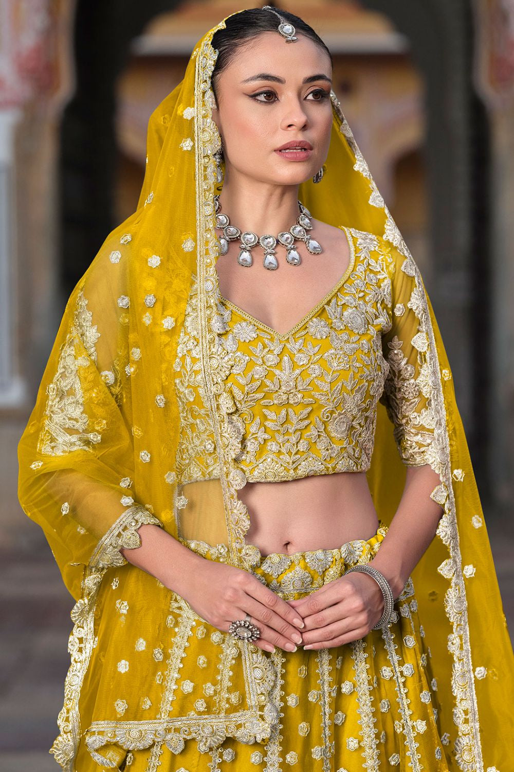 Yellow Bridal Net Haldi Lehenga SFSA478905