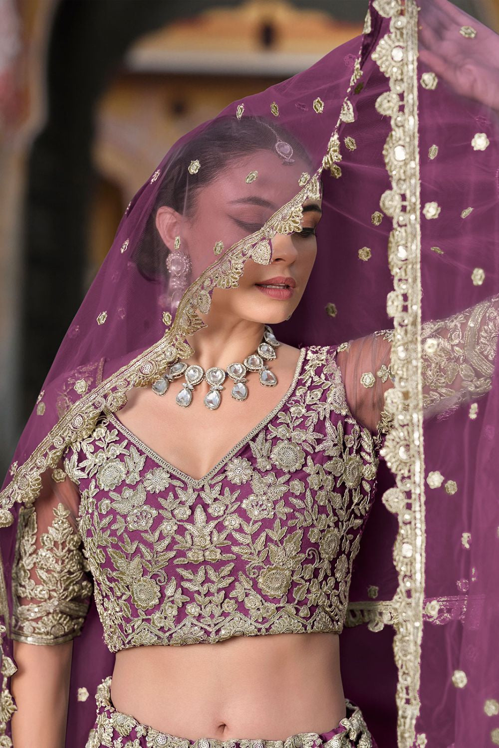 Burgundy Net Bridal Lehenga Choli SFSA478906