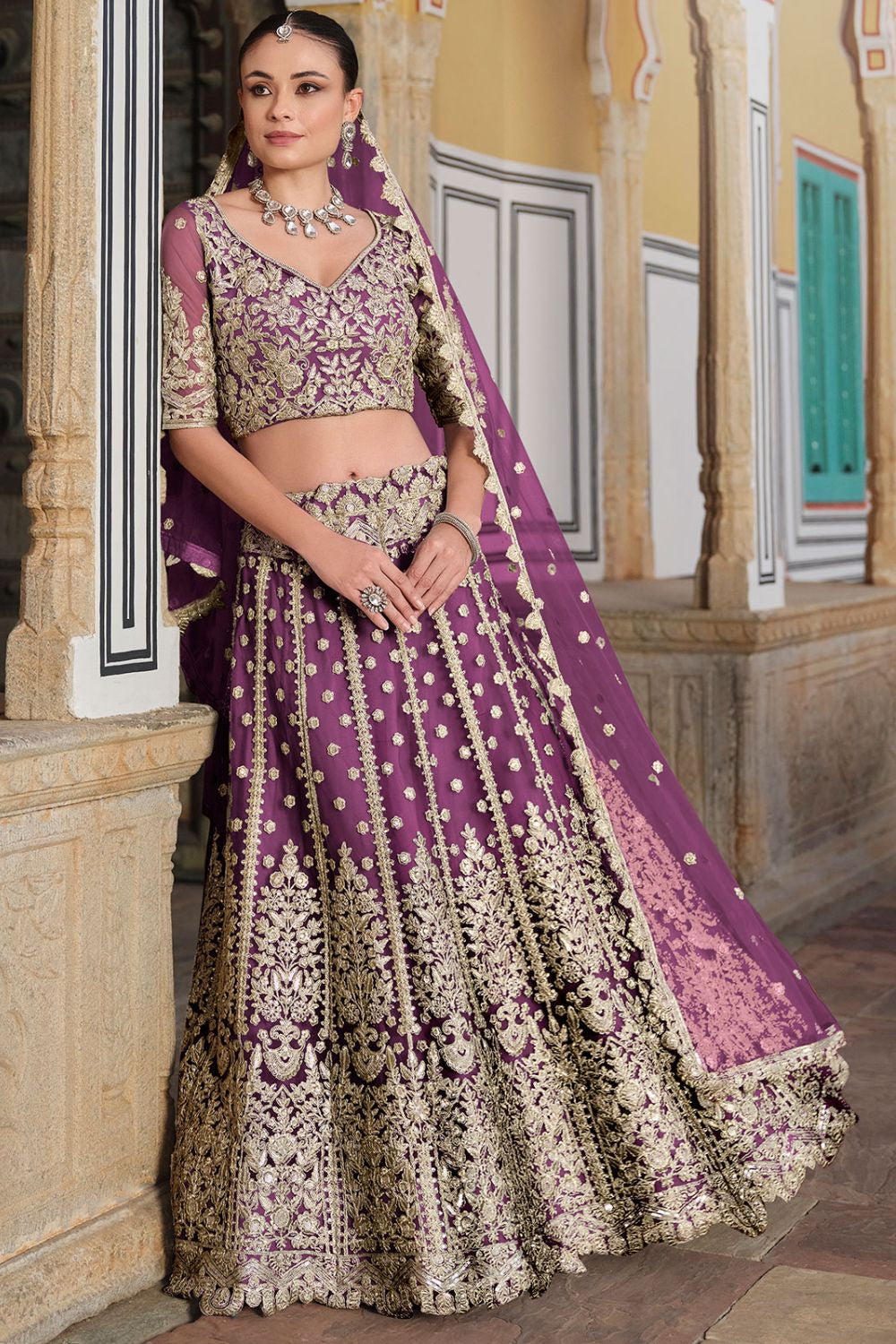 Burgundy Net Bridal Lehenga Choli SFSA478906