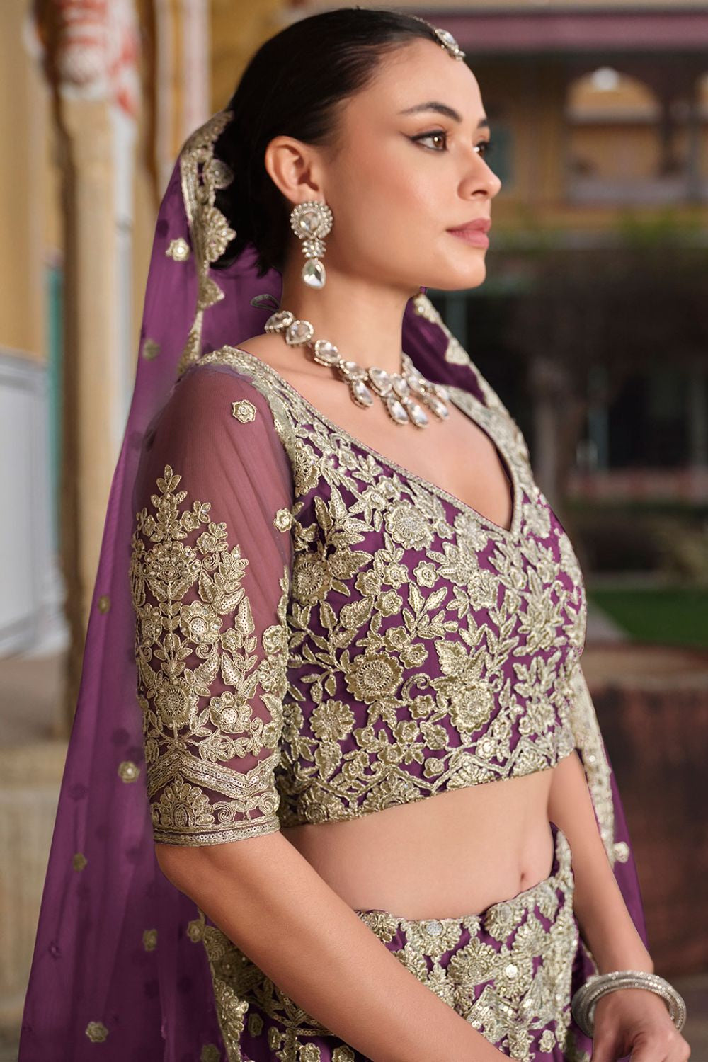 Burgundy Net Bridal Lehenga Choli SFSA478906