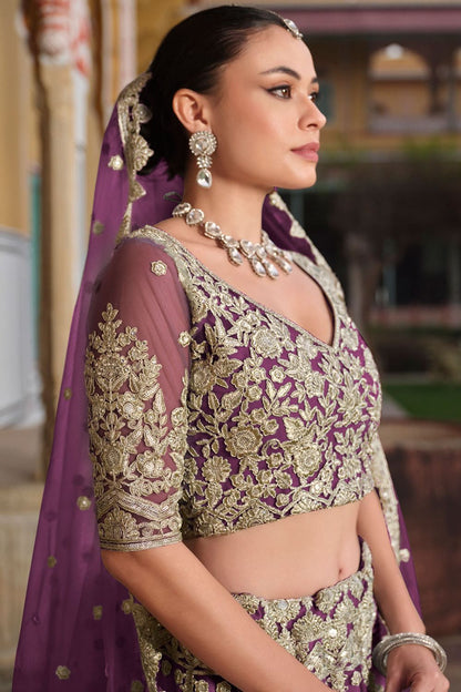 Burgundy Net Bridal Lehenga Choli SFSA478906
