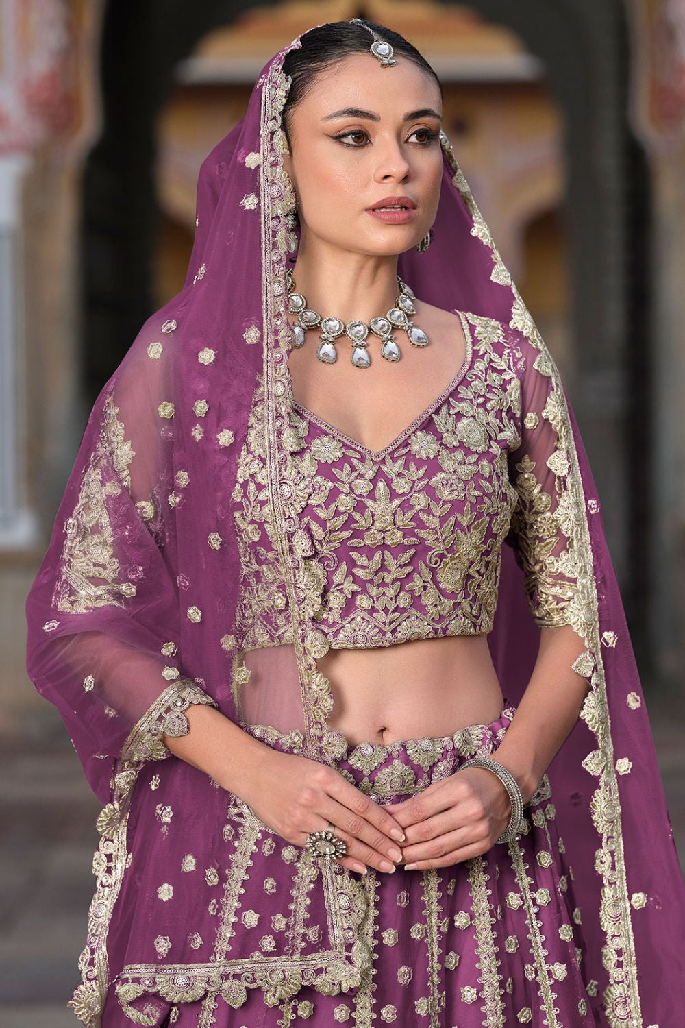 Burgundy Net Bridal Lehenga Choli SFSA478906