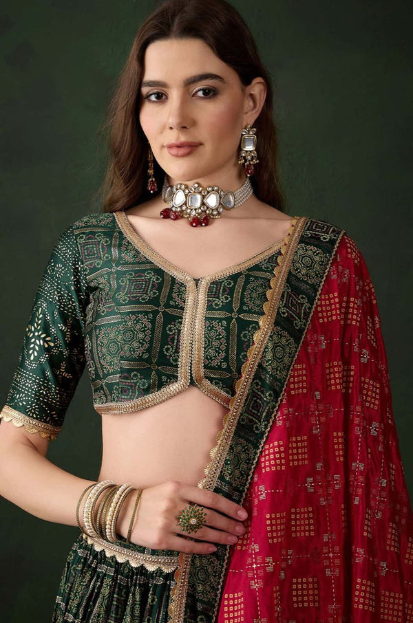 Green Satin Lehenga Choli - SFFK31101