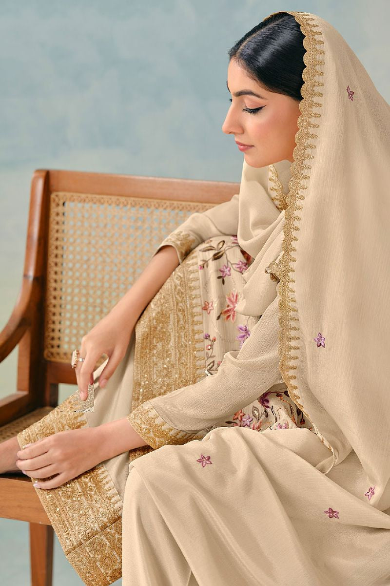 Beige Casual Chinnon Designer Palazzo Kameez SFYS154801R