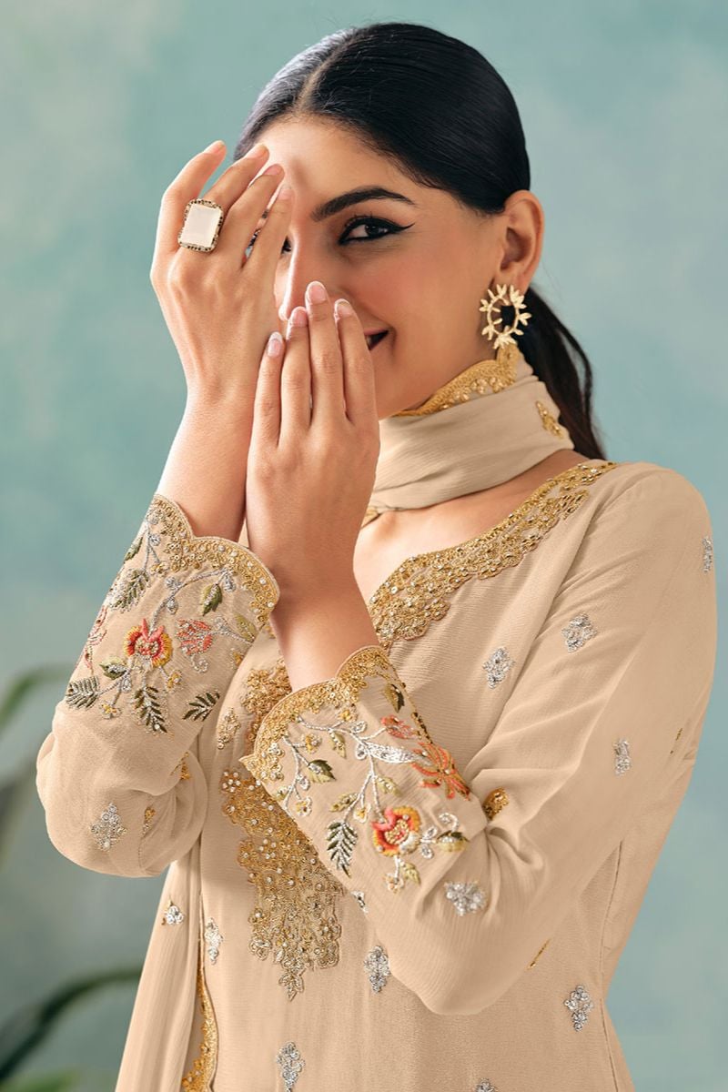 Beige Casual Chinnon Designer Palazzo Kameez SFYS154802R