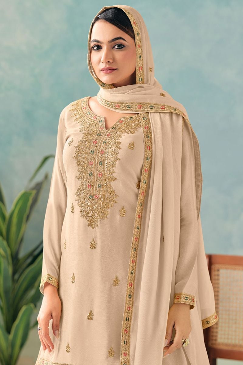 Beige Casual Chinnon Designer Palazzo Kameez SFYS154803R