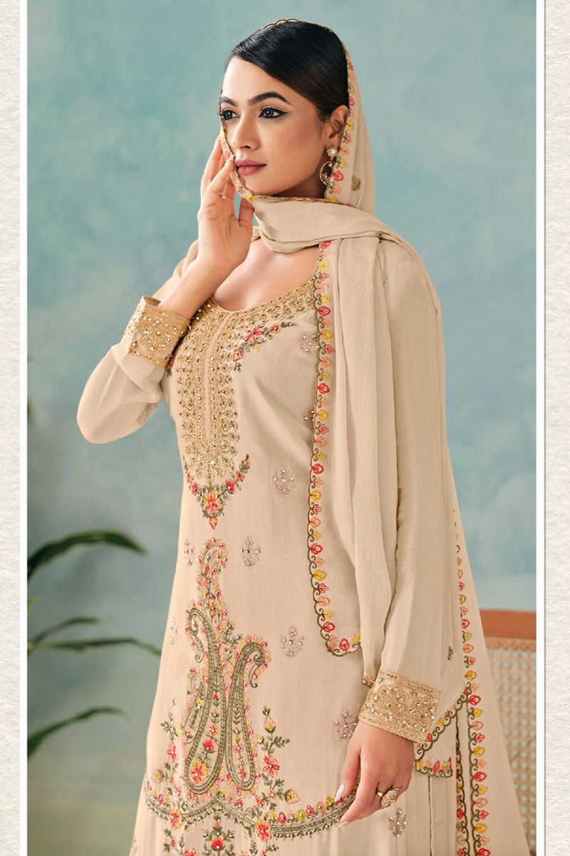 Beige Casual Chinnon Designer Palazzo Kameez SFYS154804R