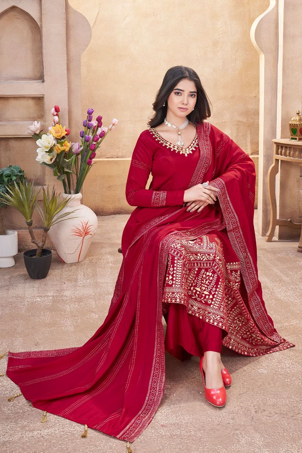 Red Palazzo Kameez In Silk SFYS144703R