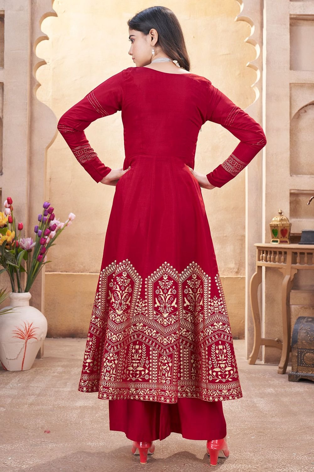 Red Palazzo Kameez In Silk SFYS144703R