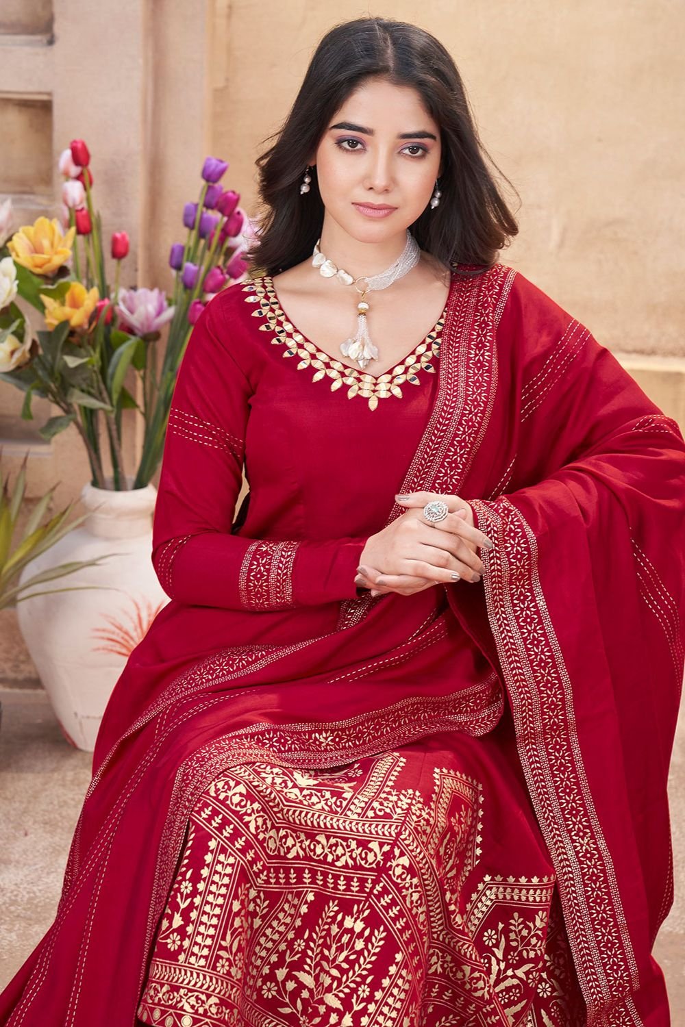 Red Palazzo Kameez In Silk SFYS144703R