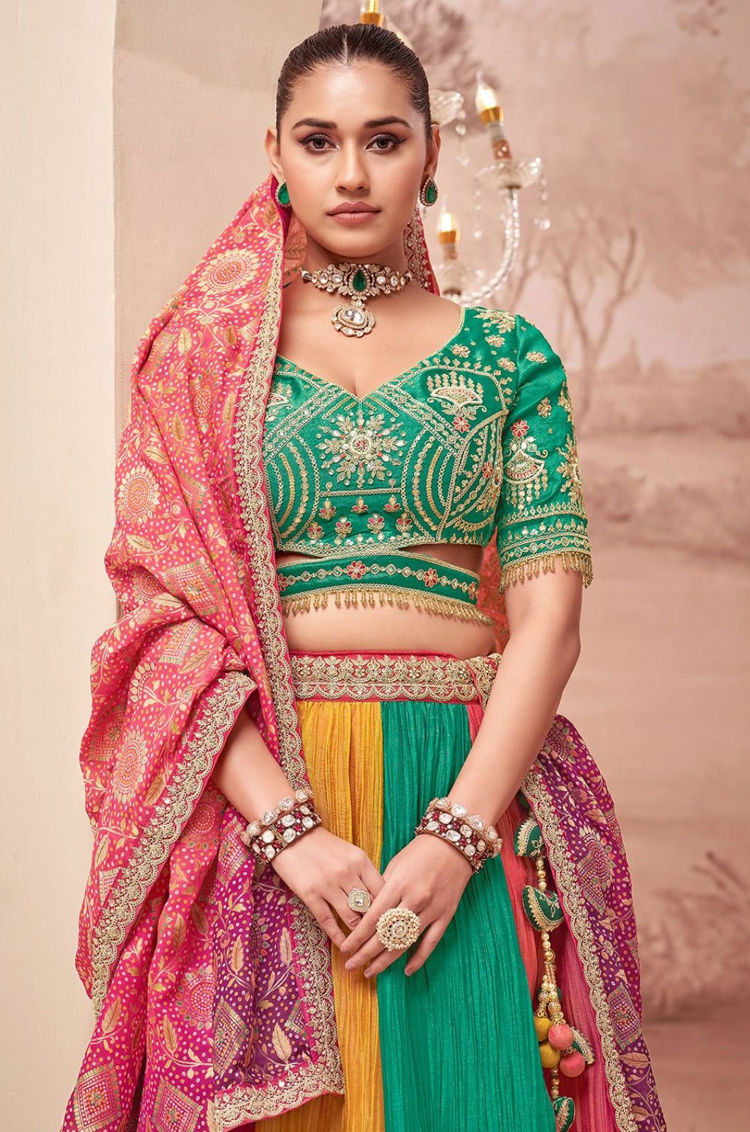 Green Silk Lehenga Choli - SFSJDN43002R