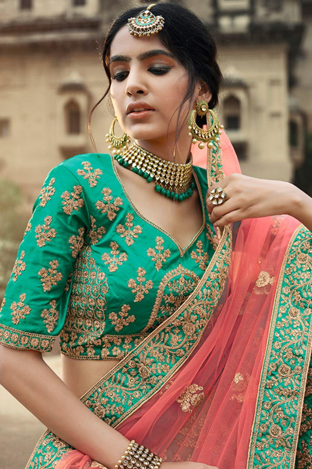 Green Glitter Stone Work Engagement Satin Lehenga Choli SFARY11501