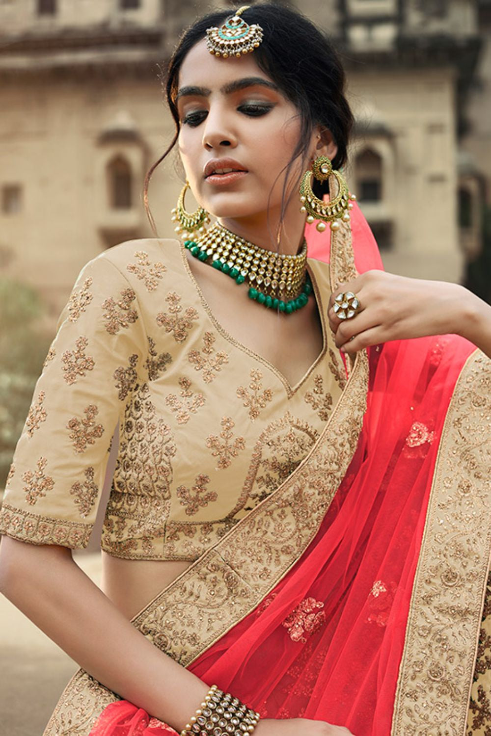 Beige Glitter Stone Work Engagement Satin Lehenga Choli SFARY11508
