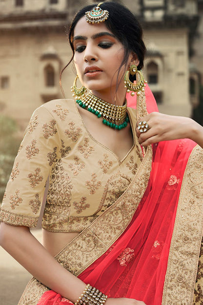 Beige Glitter Stone Work Engagement Satin Lehenga Choli SFARY11508