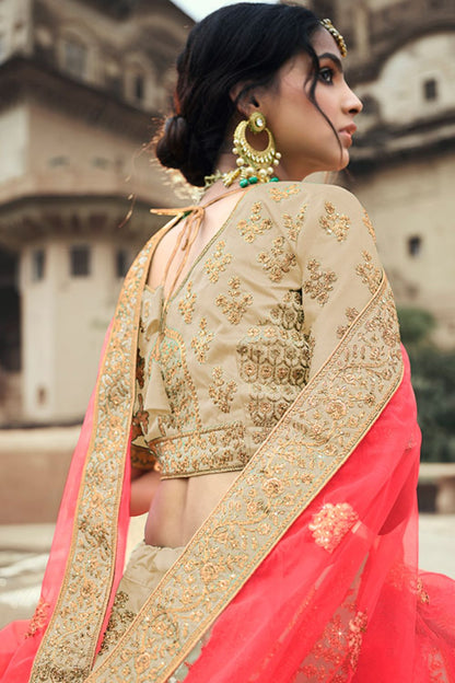 Beige Glitter Stone Work Engagement Satin Lehenga Choli SFARY11508