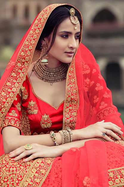 Red Glitter Stone Work Engagement Satin Lehenga Choli  SFARY11513
