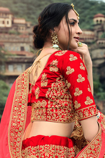 Red Glitter Stone Work Engagement Satin Lehenga Choli  SFARY11513