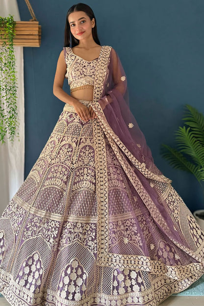 Purple Net Lehenga Choli With Zari And Resham Work SFRELS3803