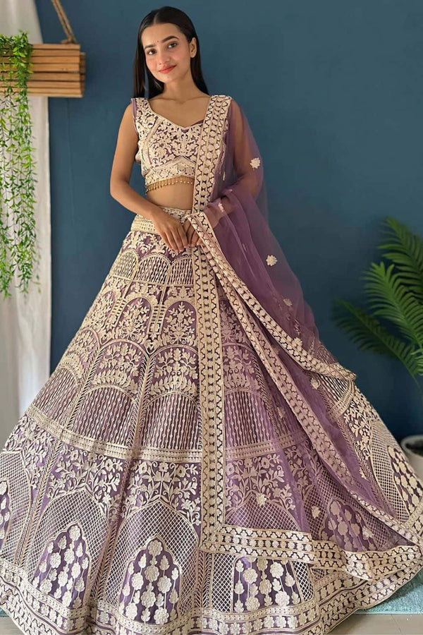 Purple Net Lehenga Choli With Zari And Resham Work SFRELS3803