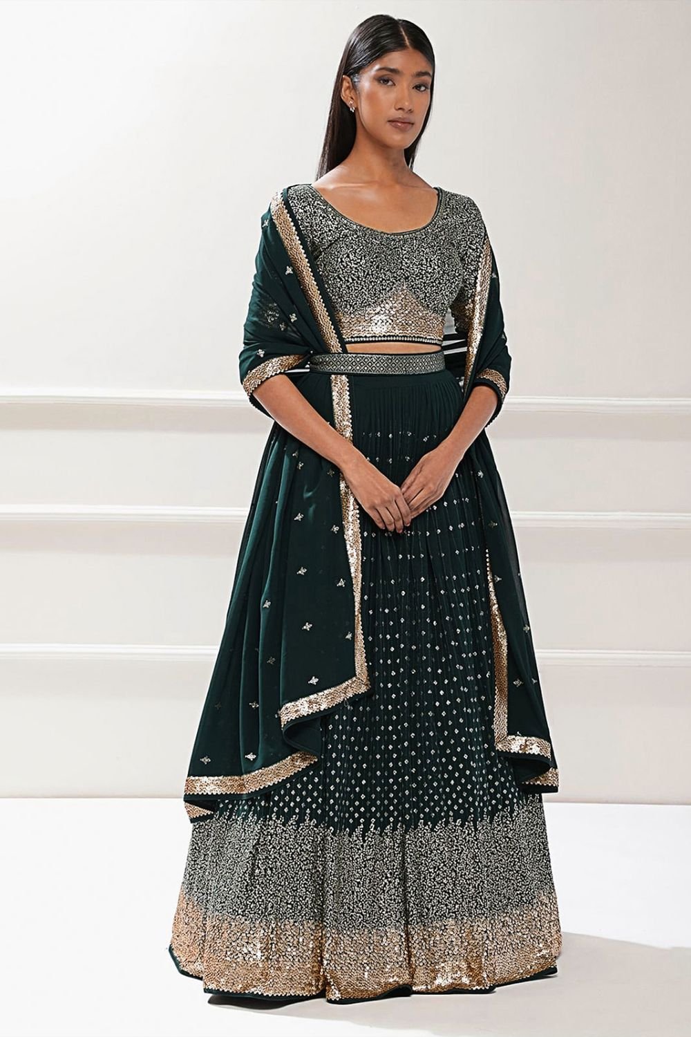 Green Sangeet Georgette Lehenga Choli With Floral Dupatta SFZC4704