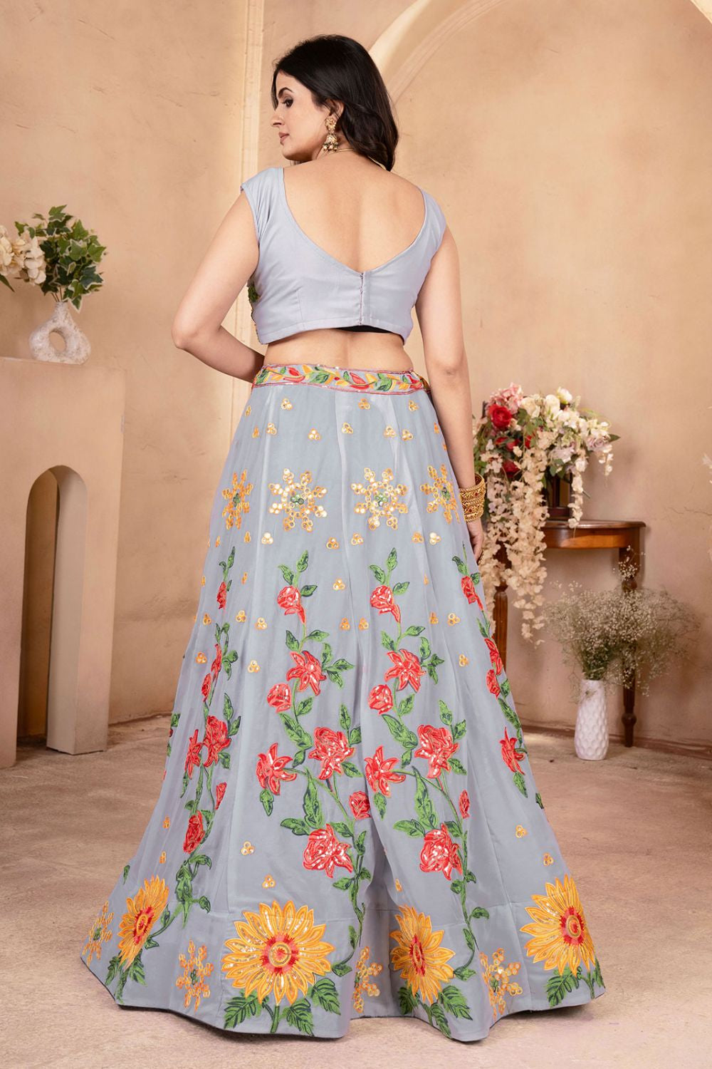 Grey Georgette Lehenga Choli With Zari And Resham Work SFRELS3808