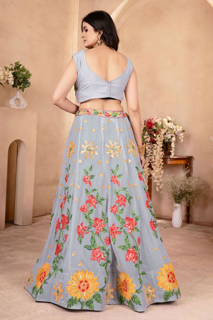 Grey Georgette Lehenga Choli With Zari And Resham Work SFRELS3808
