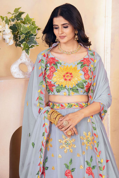 Grey Georgette Lehenga Choli With Zari And Resham Work SFRELS3808