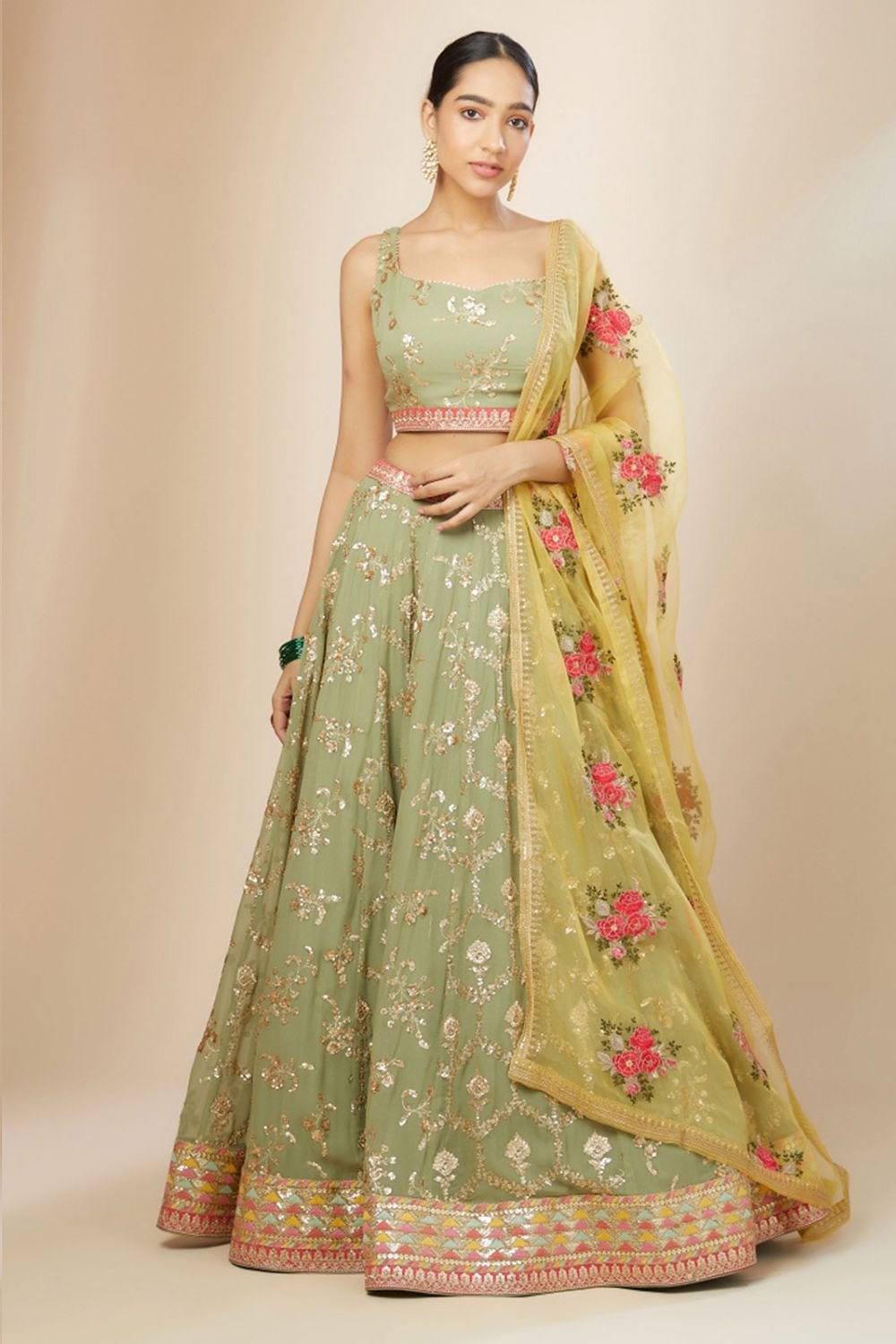 Green Sangeet Georgette Lehenga Choli With Floral Dupatta SFZC4707