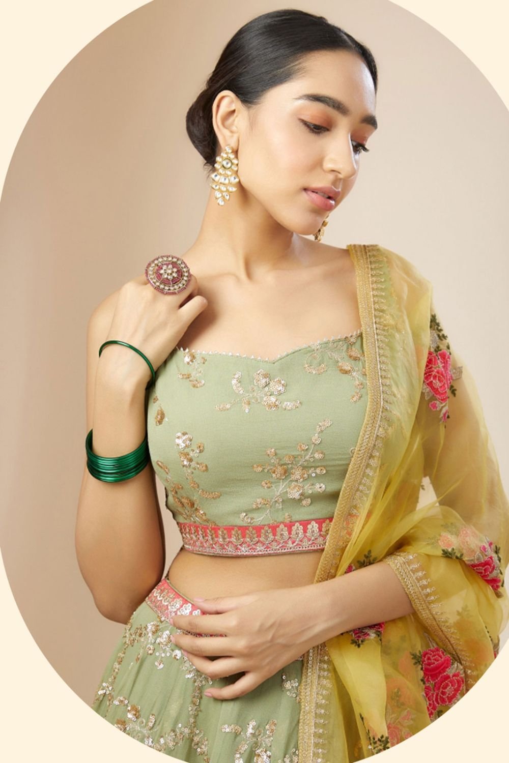 Green Sangeet Georgette Lehenga Choli With Floral Dupatta SFZC4707