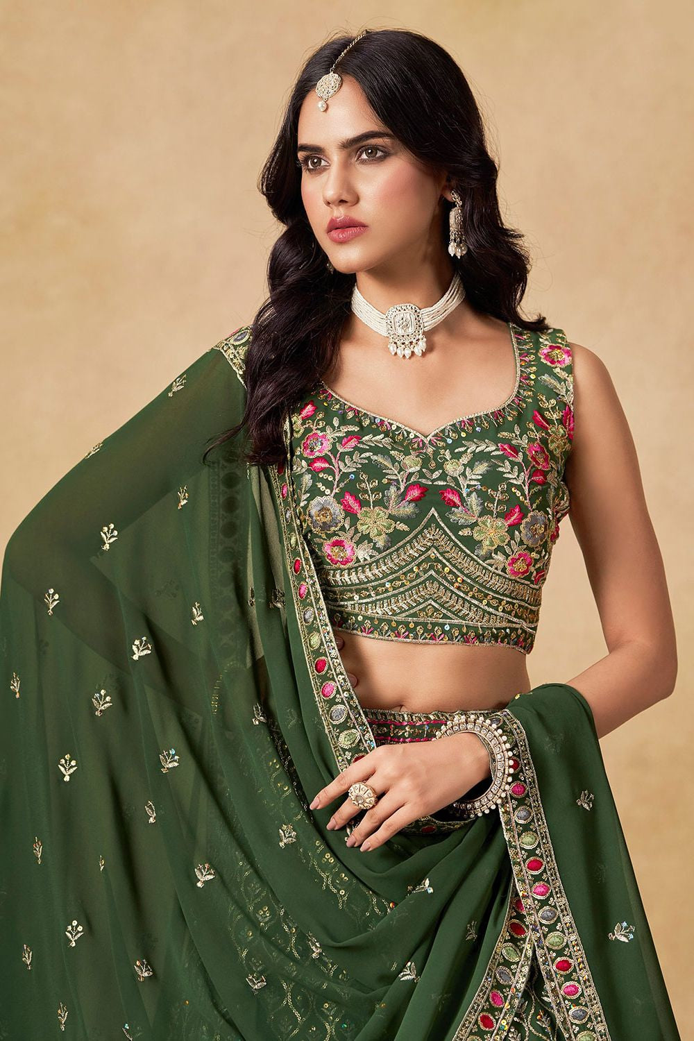 Green Georgette Sangeet Party Lehenga Choli  SFZC5402