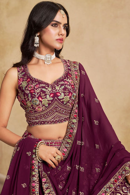 Maroon Georgette Sangeet Party Lehenga Choli  SFZC5403