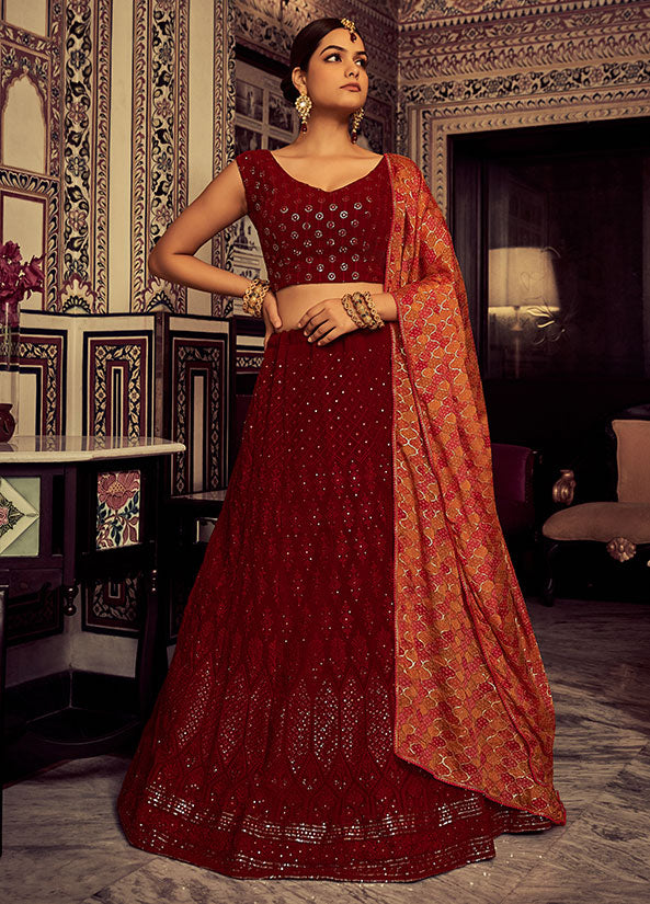 Maroon Georgette Lehenga Choli Sequin and Mirror Work SFARY16605