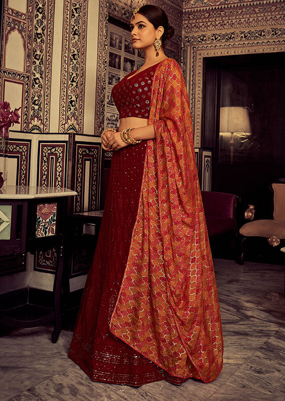 Maroon Georgette Lehenga Choli Sequin and Mirror Work SFARY16605