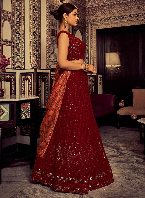 Maroon Georgette Lehenga Choli Sequin and Mirror Work SFARY16605