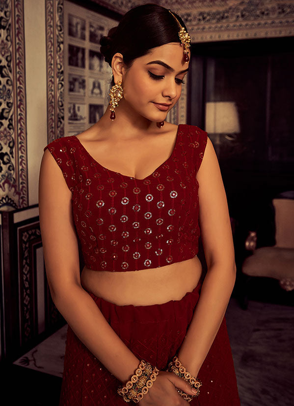 Maroon Georgette Lehenga Choli Sequin and Mirror Work SFARY16605