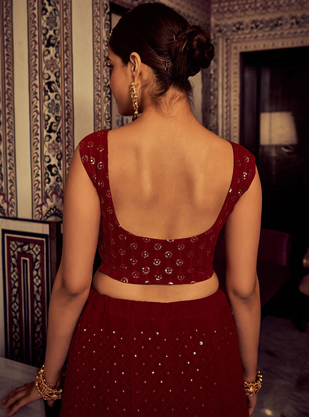 Maroon Georgette Lehenga Choli Sequin and Mirror Work SFARY16605
