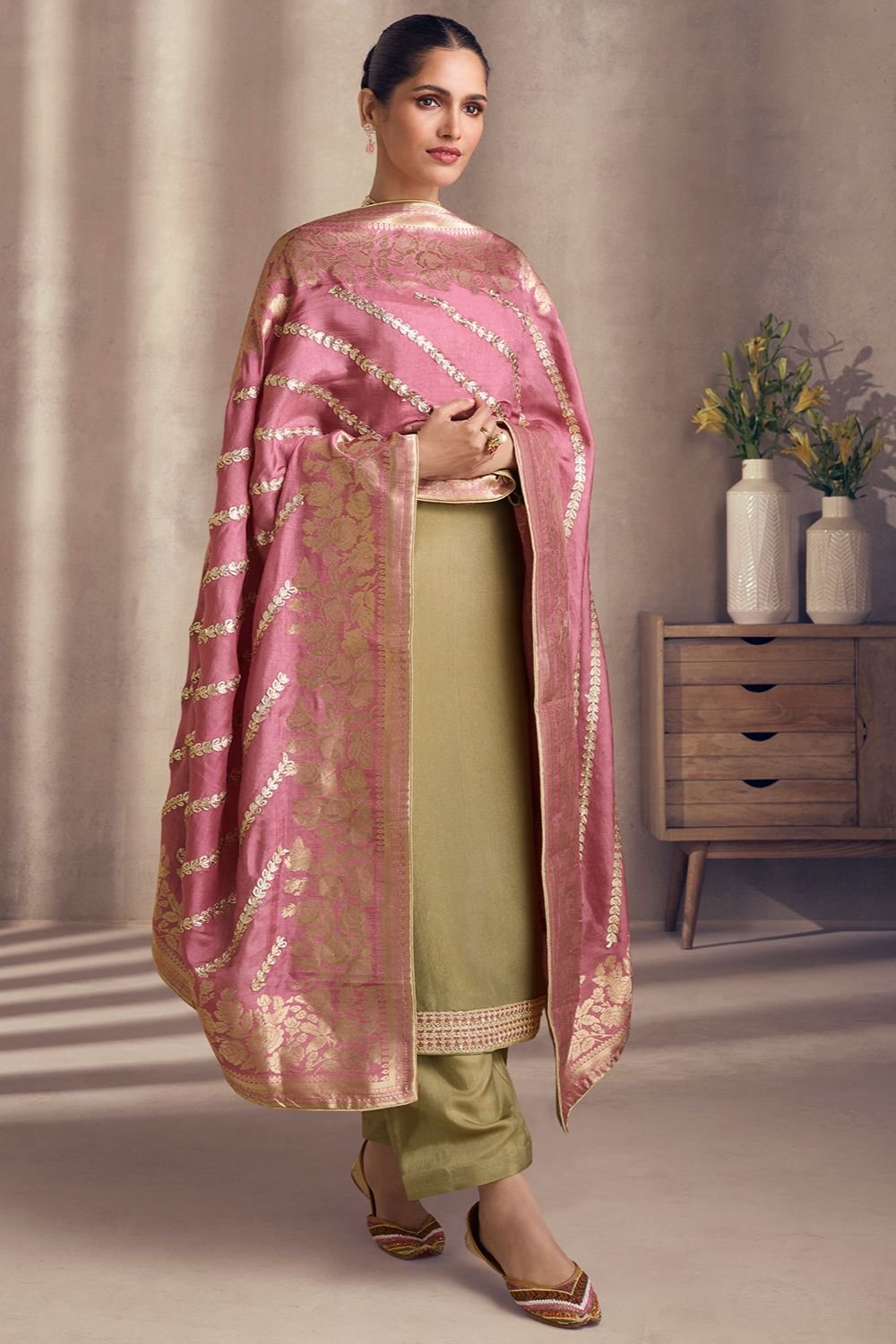 Beige Sangeet Salwar Kameez In Shimmer Silk SFSMT40901R