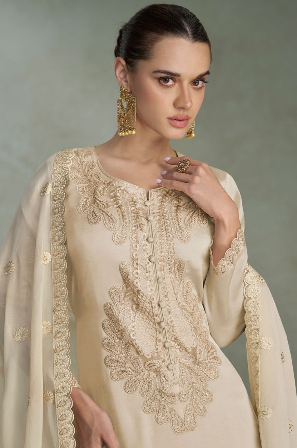 Cream Silk Salwar Kameez - SFSMT57701R