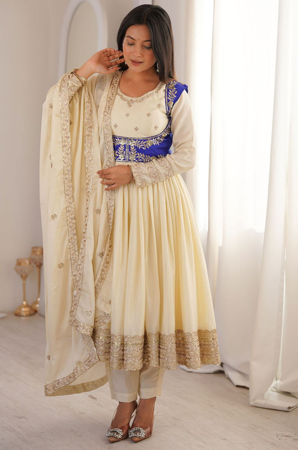 Cream Silk Salwar Kameez - SFFK39304R