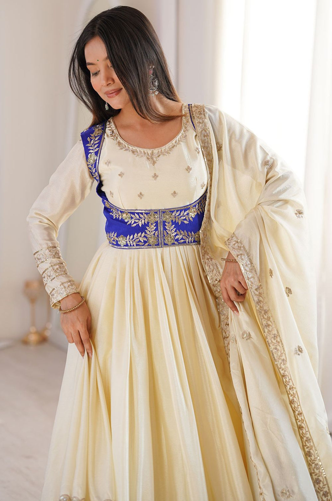 Cream Silk Salwar Kameez - SFFK39304R