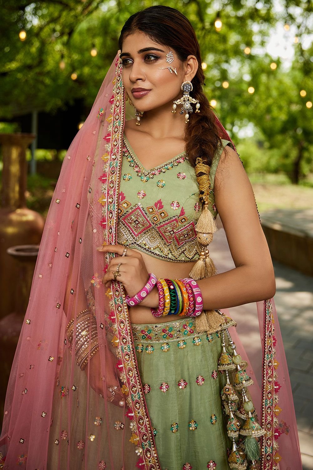 Green Wedding Ceremonial Net Tissue Lehenga Choli SFFK30302