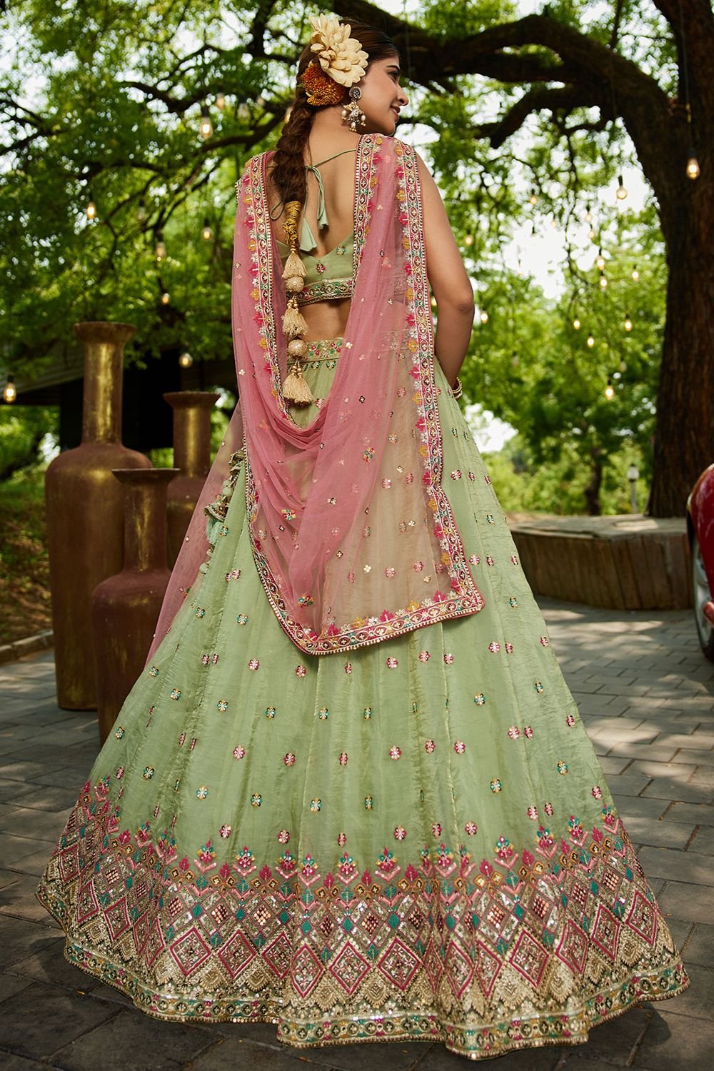 Green Wedding Ceremonial Net Tissue Lehenga Choli SFFK30302