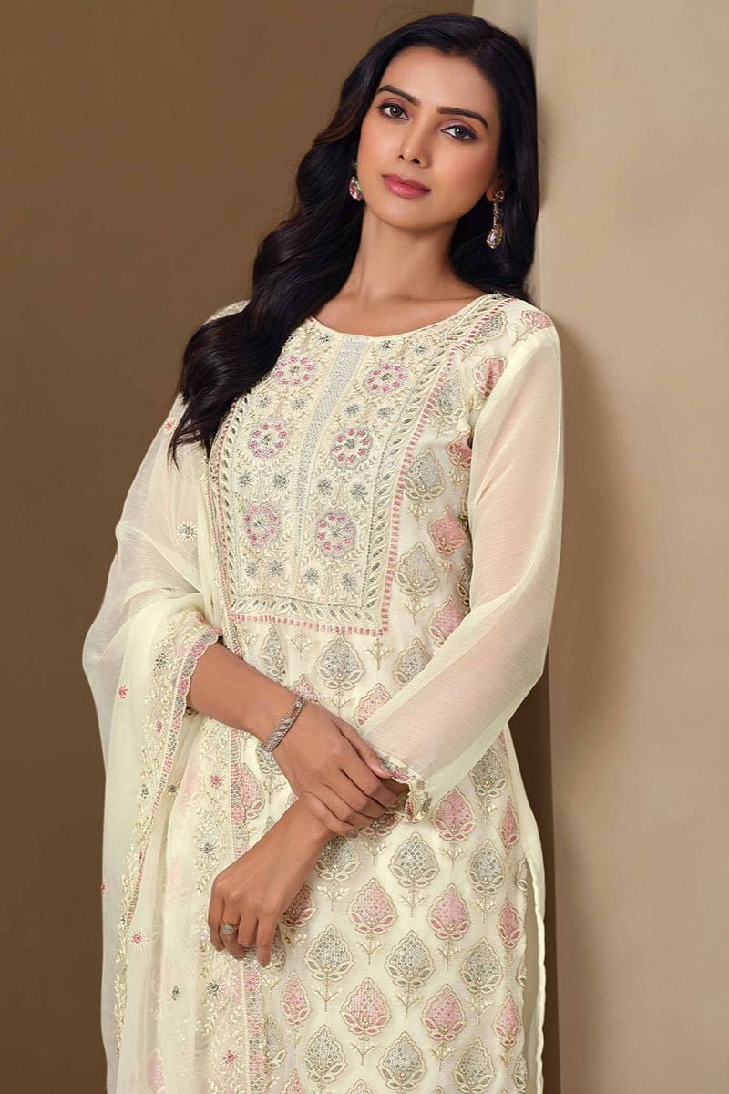 Off White Chiffon Plus Size Salwar Kameez SFVPL30505
